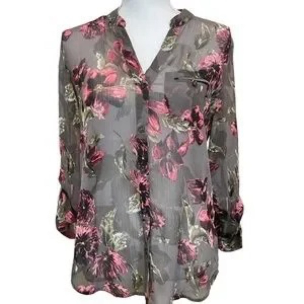Kut From The Kloth Sinclaire Button Down Floral Blouse w/ roll up sleeves Size M